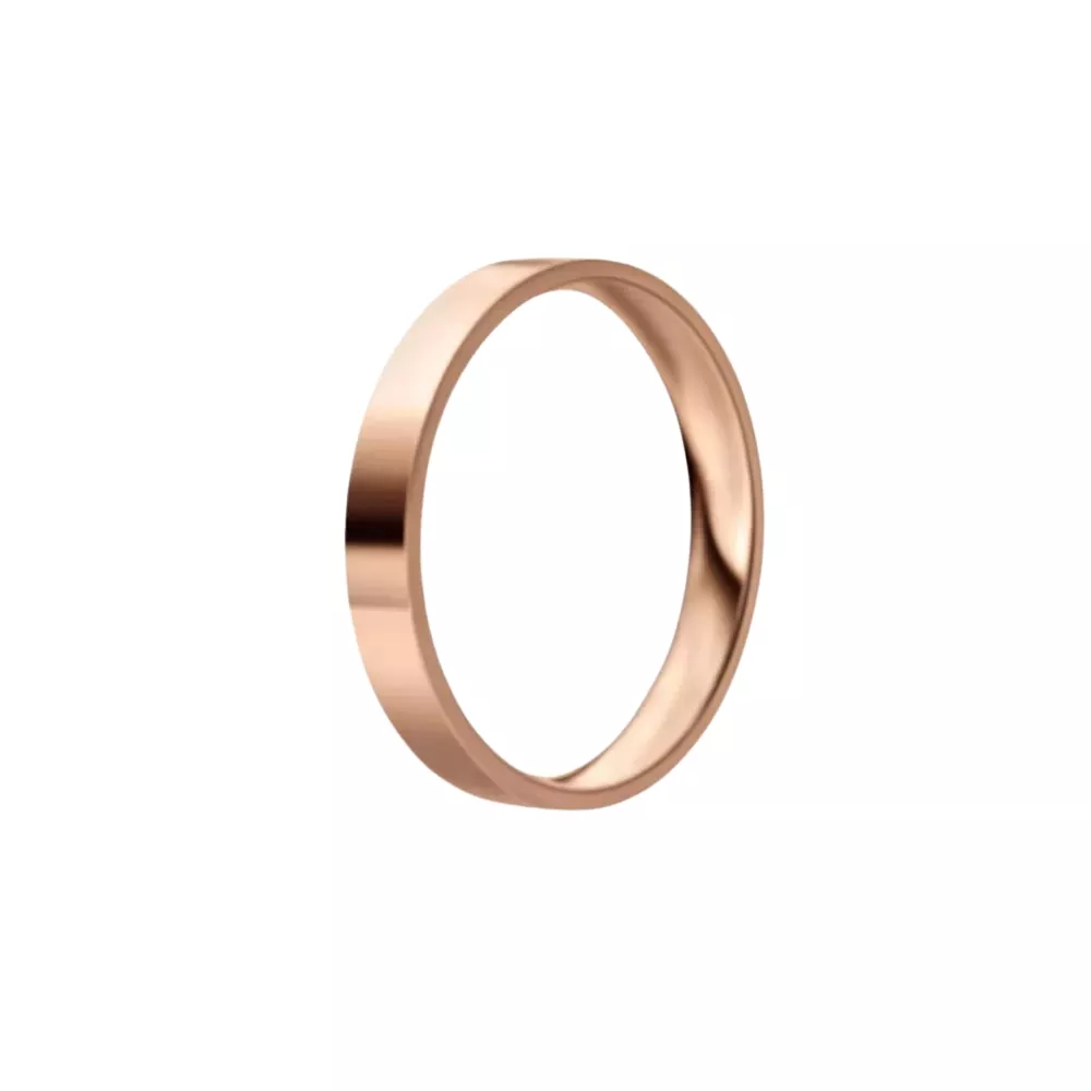 Una alianza cinta en oro rosa pulido. Espesor: 3 mm. Peso: 3 gr.