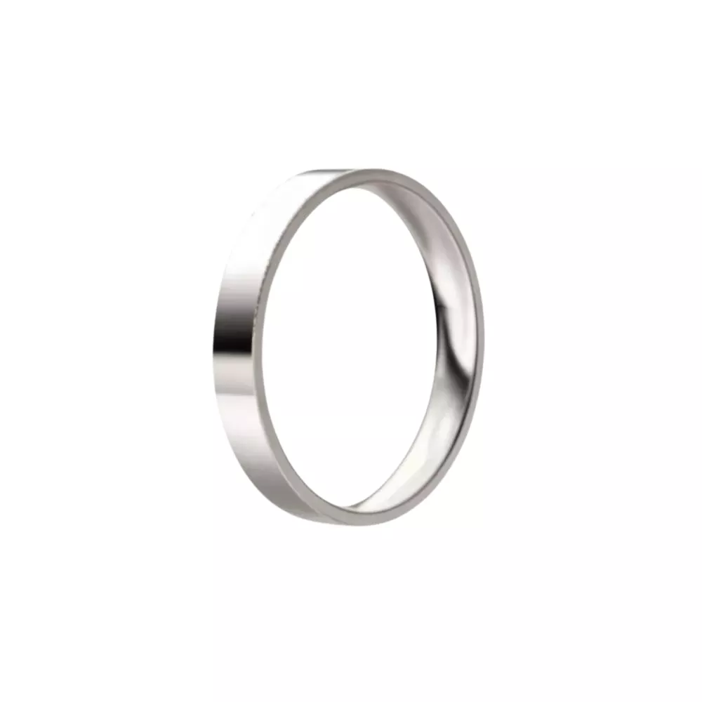 Una alianza cinta en oro blanco pulido. Espesor: 3 mm. Peso: 3 gr.