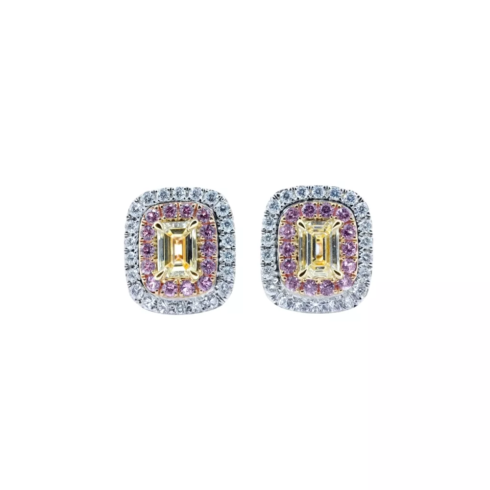 Aros en oro rosa, blanco y amarillo con diamante Fancy Yellow talla baguette, zafiros rosas talla brillante y diamantes talla brillante.