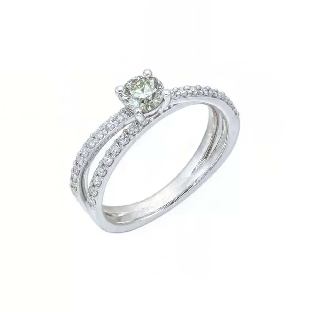 Anillo de Compromiso en oro blanco con diamante Fancy Light Greenish Gray talla brillante (0.41 ct, pureza SI1). 