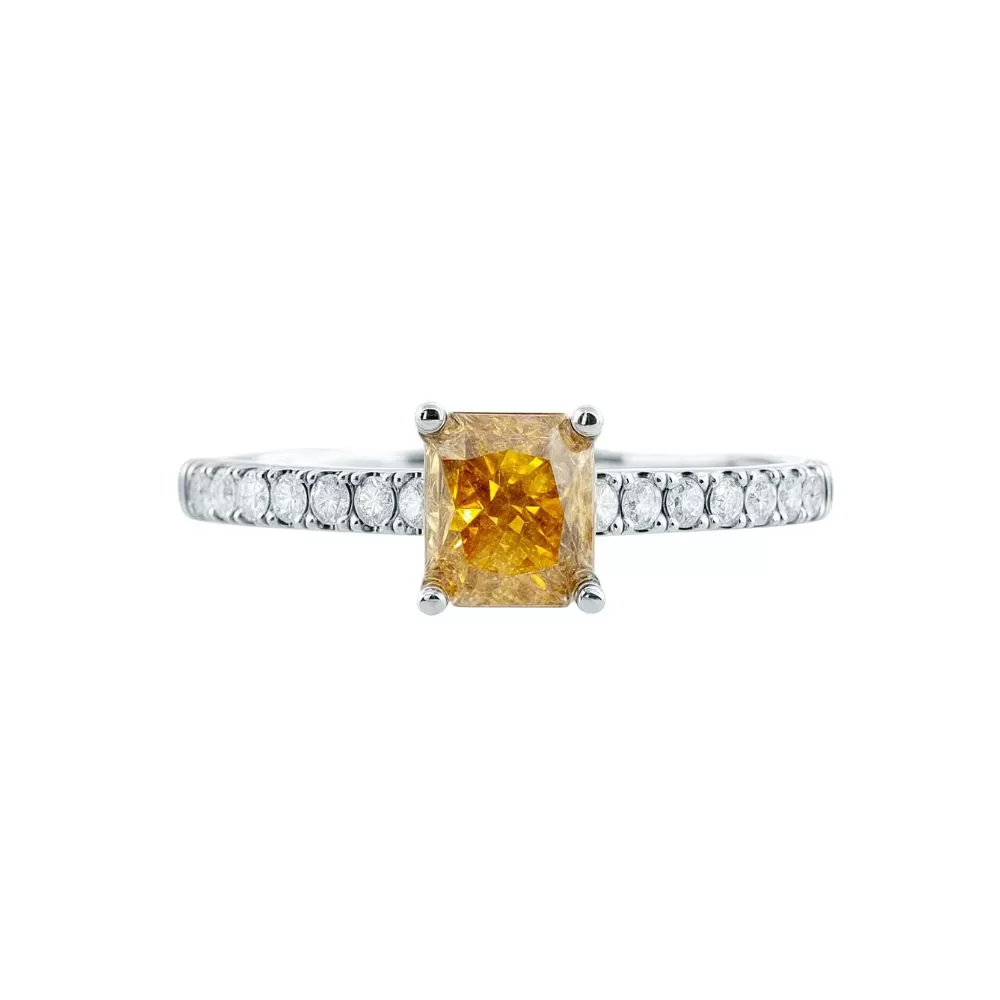 Anillo de Compromiso en oro blanco con diamante Fancy Deep Brownish Yellow talla rectangular (1.02 ct, Even)