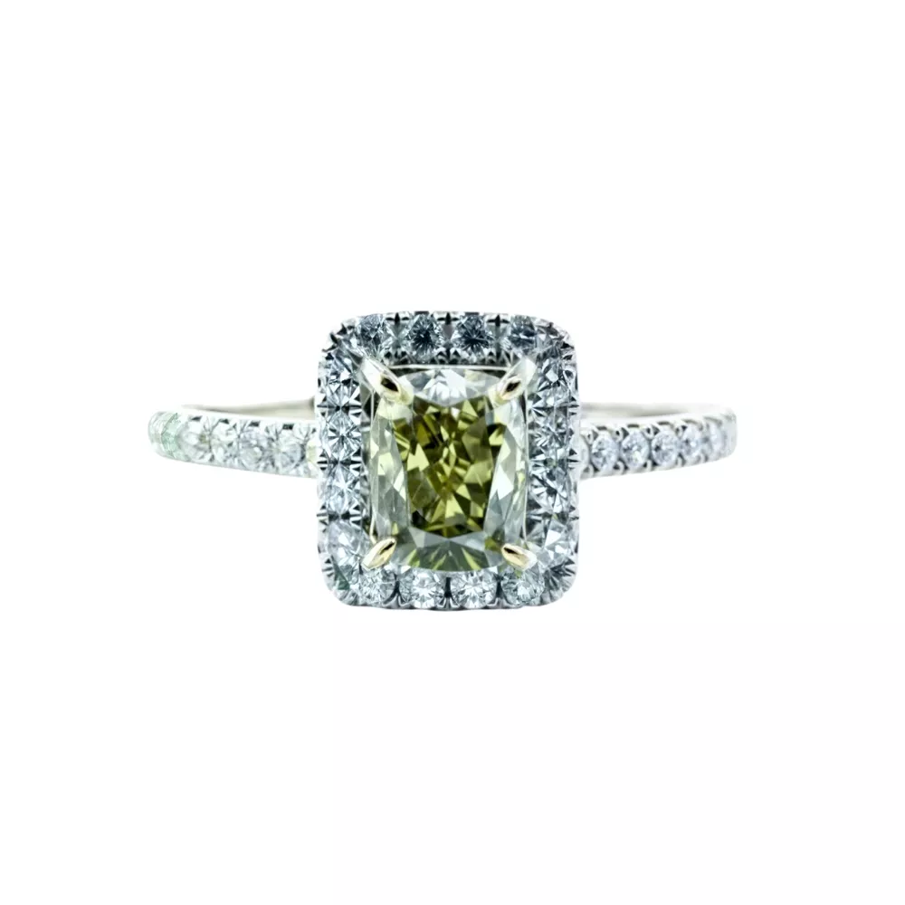 Anillo de Compromiso en oro blanco con diamante Fancy Grayish Yellowish Green Chameleon talla cushion (1.02 ct)