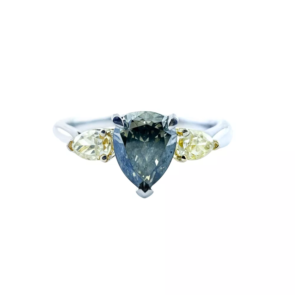 Anillo de Compromiso en oro blanco con diamante Fancy Dark Greenish Gray talla pera (1.47 ct)