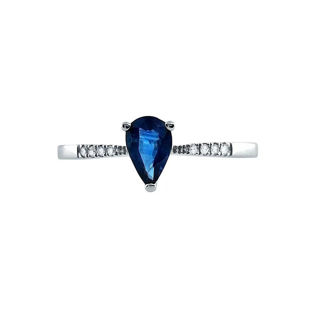 Anillo en oro blanco con zafiro talla pera y diamantes talla brillante 