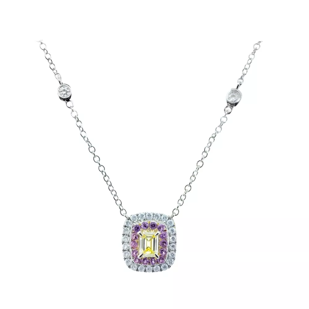 Colgante en oro blanco con diamante Fancy Yellow talla baguette