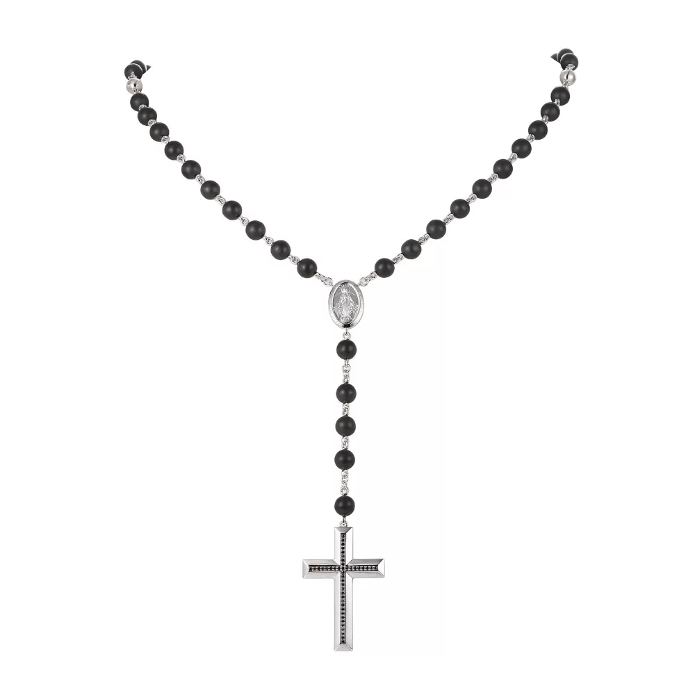 Rosario en oro blanco con cerámica negra y diamantes Fancy Black talla brillante.