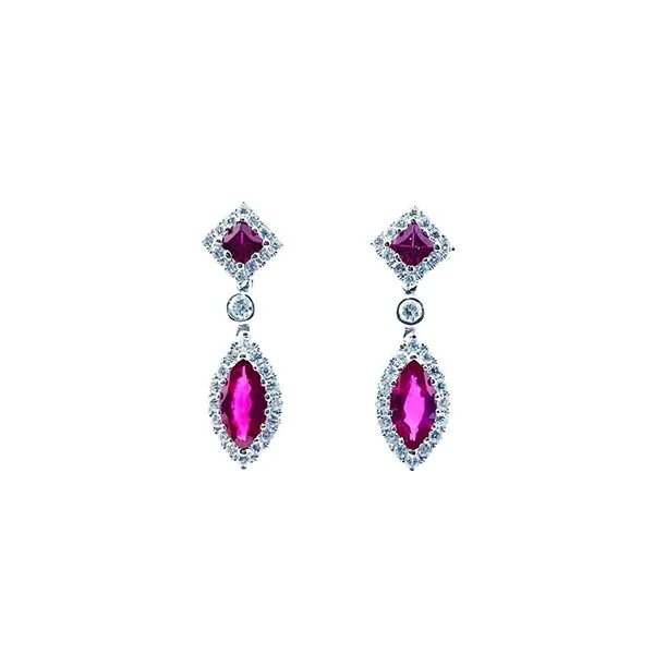 Earrings in white gold set with princess-cut, marquise-cut rubies and brilliant-cut diamonds.
