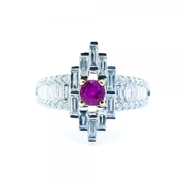 Ring in white gold set with brilliant-cut ruby, brilliant-cut, baguette-cut and trapezoid-cut diamonds