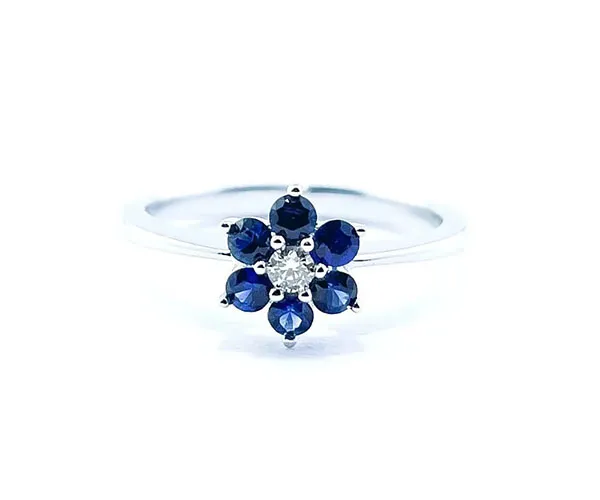 Ring in white gold set with brilliant-cut sapphires and brilliant-cut diamond.