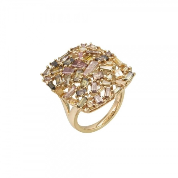 Ring in yellow gold set with baguette-cut Fancy diamonds 